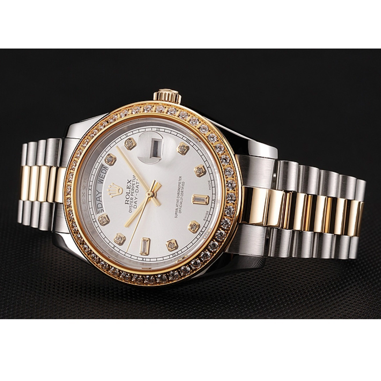 Aaa replica watch Bracelet Day-Date Two Diamond Gold Steel White Rolex Case Dial Swiss Stainless Tone 1453972 0821